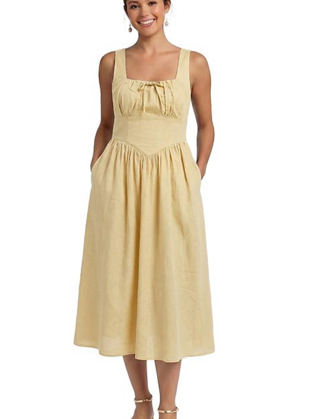 Kittenish Light Yellow Square-Neck Midi Dress
